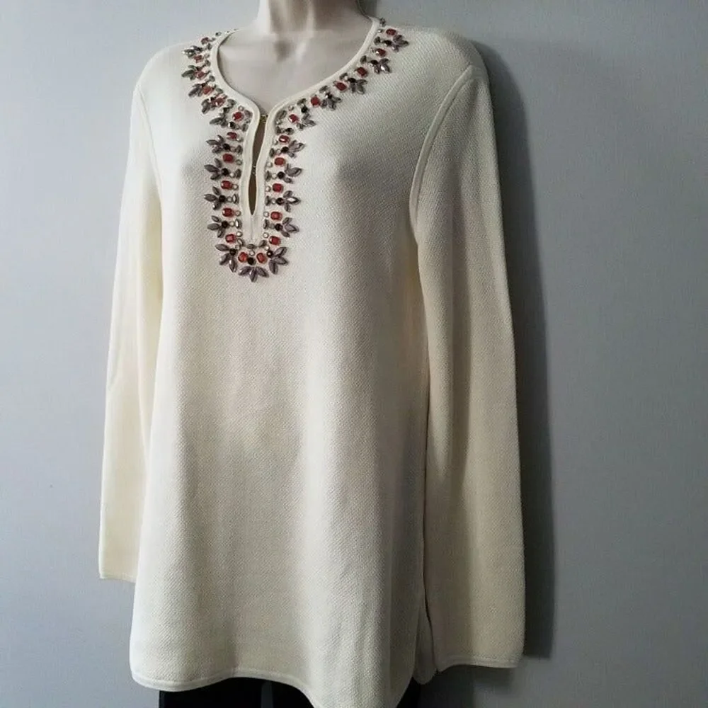 TORY BURCH off-white knit sweater embellished tunic top sz S